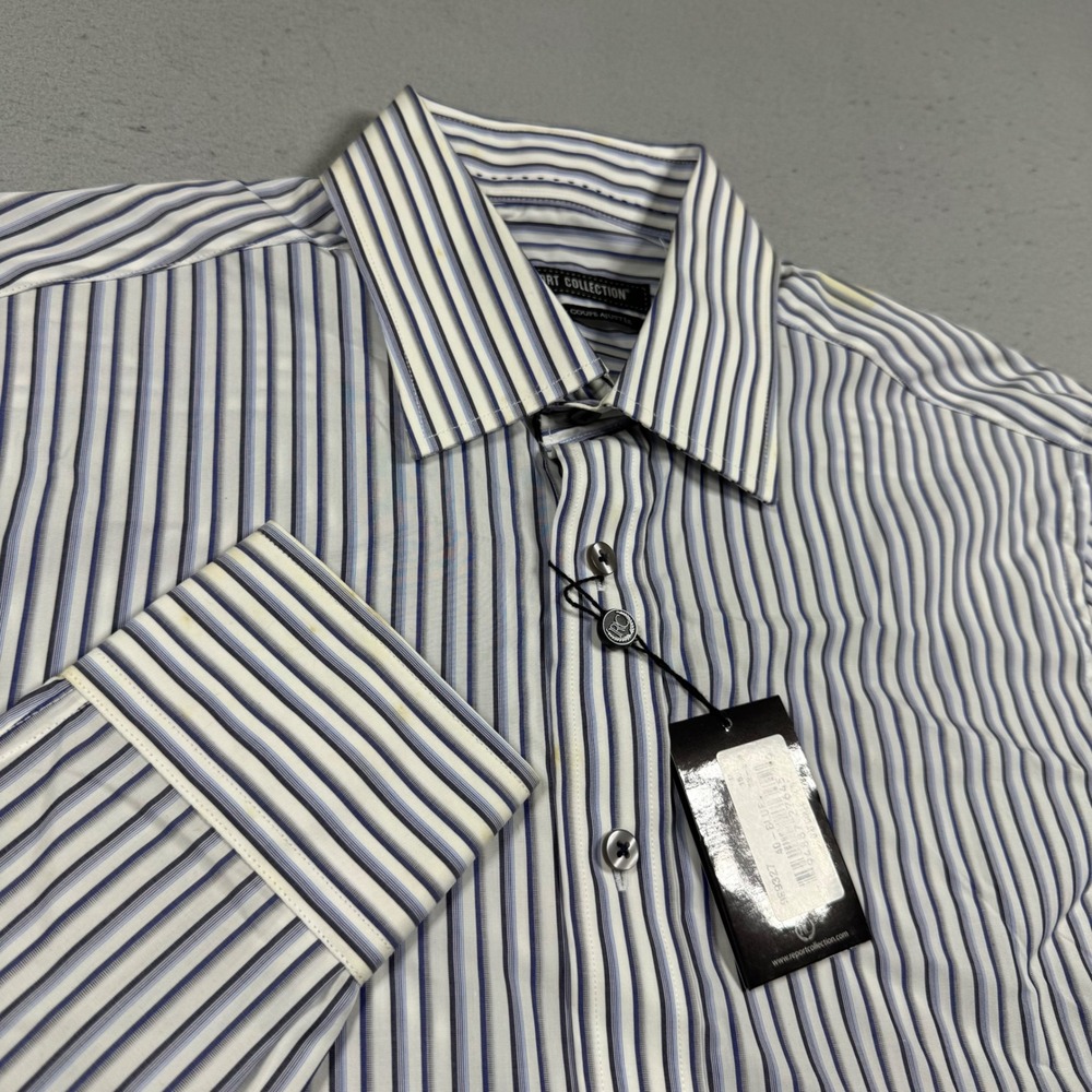 Report Collection Mens Slim Fit Blue White Striped Cotton Dress Shirt Medium